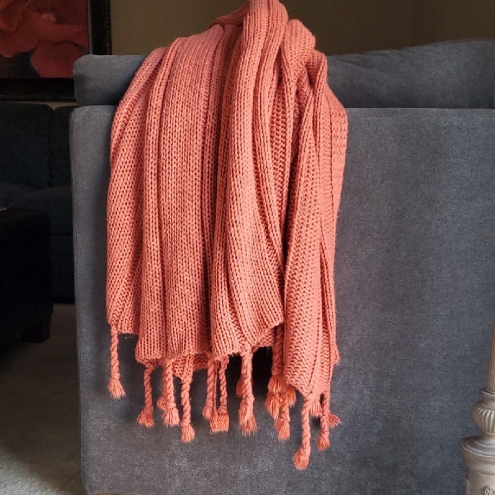 Pottery Barn Orange Knit Tassle Throw
